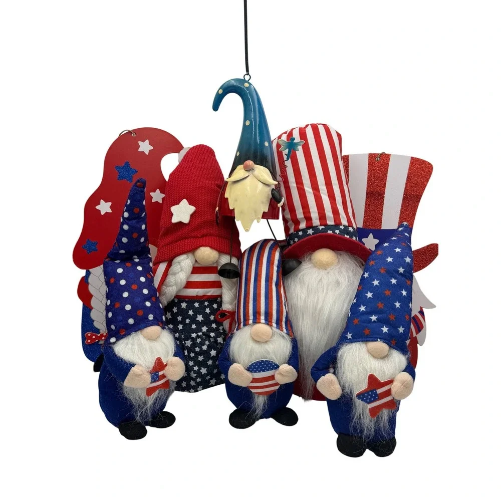 8pc Patriotic Gnome Decor Set 4th of July Americana Plush Wood Metal Big‎ Lots